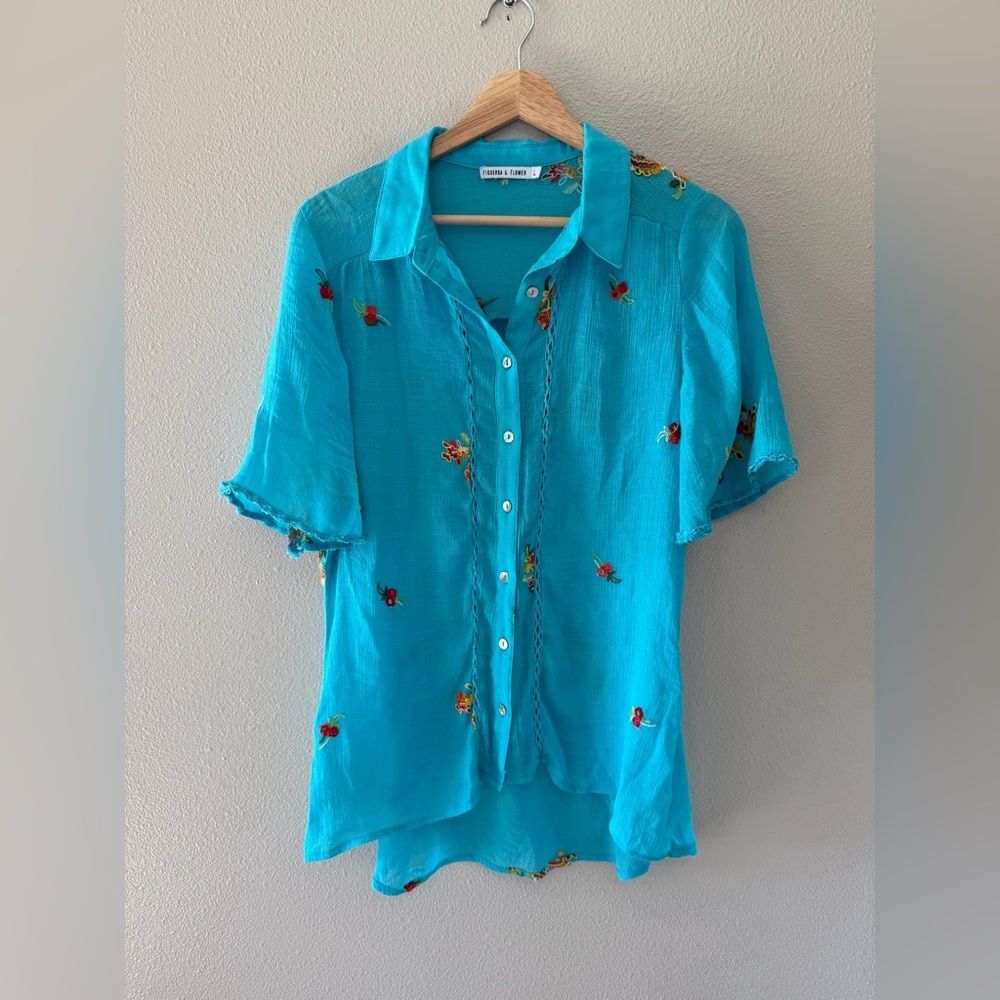 Figueroa and Flower Aqua Floral Embroidered Gauzy Flowy Relaxed Women's Top L